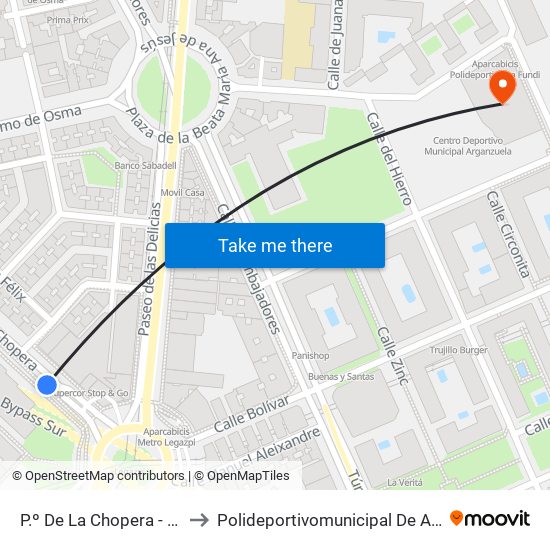 P.º De La Chopera - Legazpi to Polideportivomunicipal De Arganzuela map