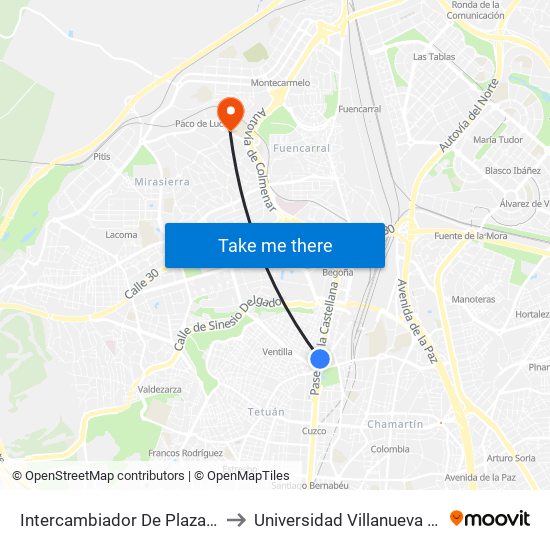 Intercambiador De Plaza De Castilla to Universidad Villanueva (Edificio B) map