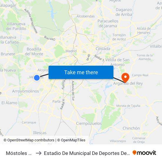 Móstoles Central to Estadio De Municipal De Deportes De Arganda Del Rey map