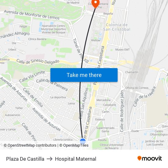 Plaza De Castilla to Hospital Maternal map