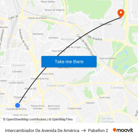 Intercambiador De Avenida De América to Pabellon 2 map