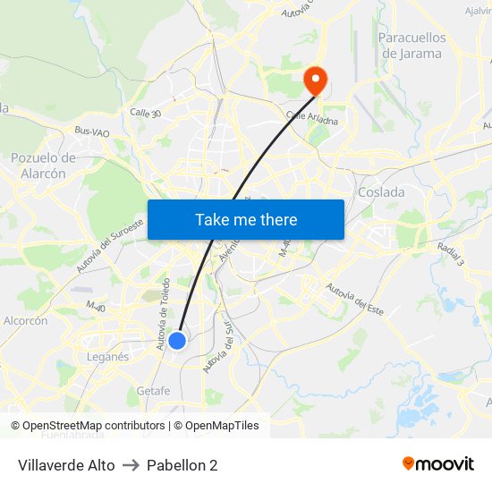 Villaverde Alto to Pabellon 2 map