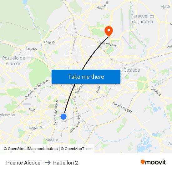 Puente Alcocer to Pabellon 2 map