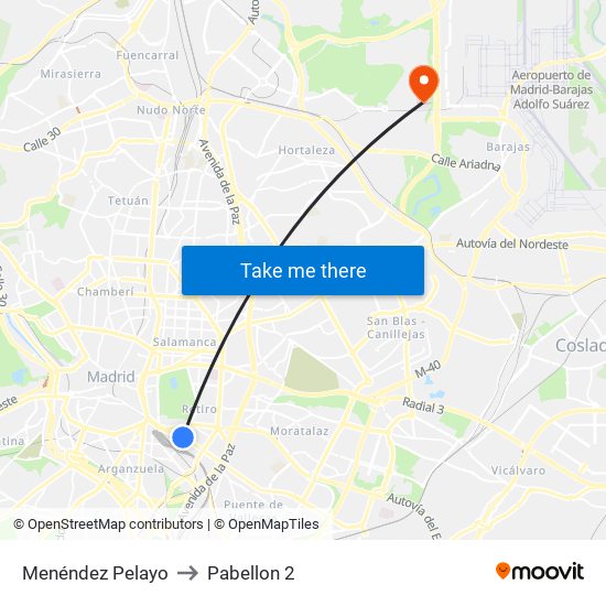 Menéndez Pelayo to Pabellon 2 map