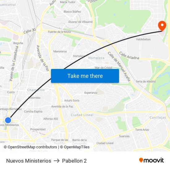 Nuevos Ministerios to Pabellon 2 map