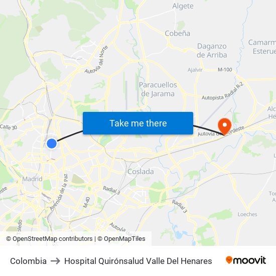 Colombia to Hospital Quirónsalud Valle Del Henares map