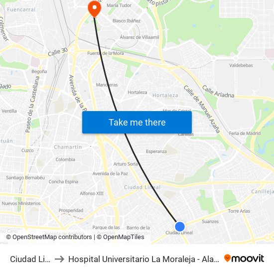 Ciudad Lineal to Hospital Universitario La Moraleja - Ala De Austria map