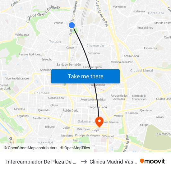 Intercambiador De Plaza De Castilla to Clínica Madrid Vascular map