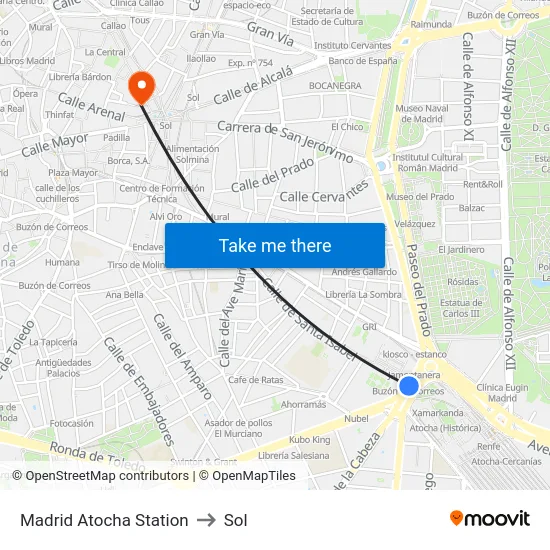 Madrid Atocha Station to Sol map