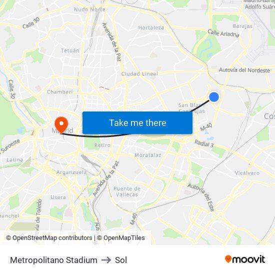 Metropolitano Stadium to Sol map