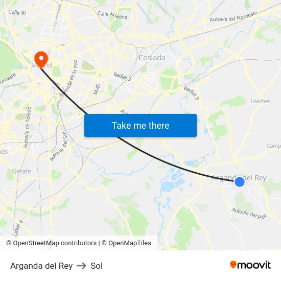 Arganda del Rey to Sol map