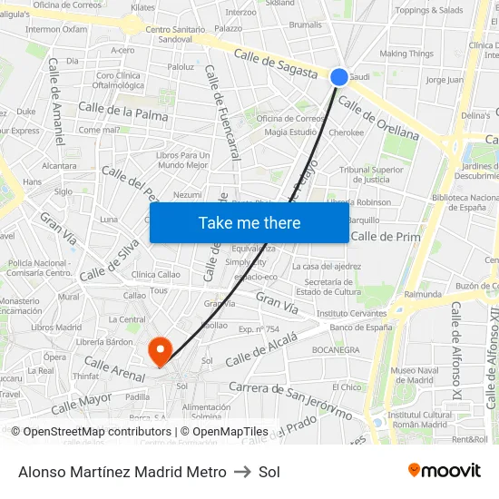 Alonso Martínez Madrid Metro to Sol map