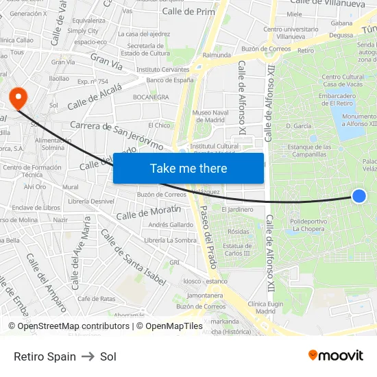 Retiro Spain to Sol map