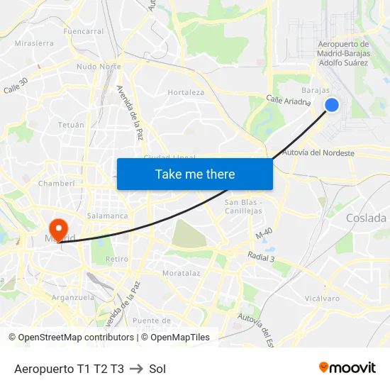 Aeropuerto T1 T2 T3 to Sol map