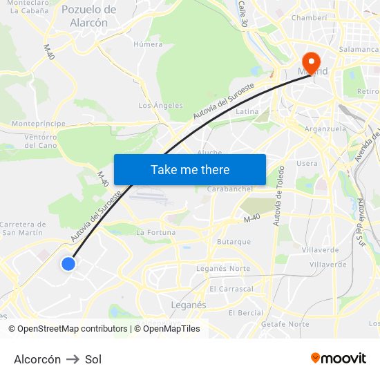 Alcorcón to Sol map