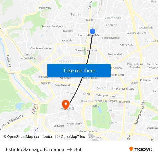 Estadio Santiago Bernabéu to Sol map