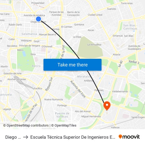 Diego De León to Escuela Técnica Superior De Ingenieros En Topografía, Geodesia Y Cartografía map