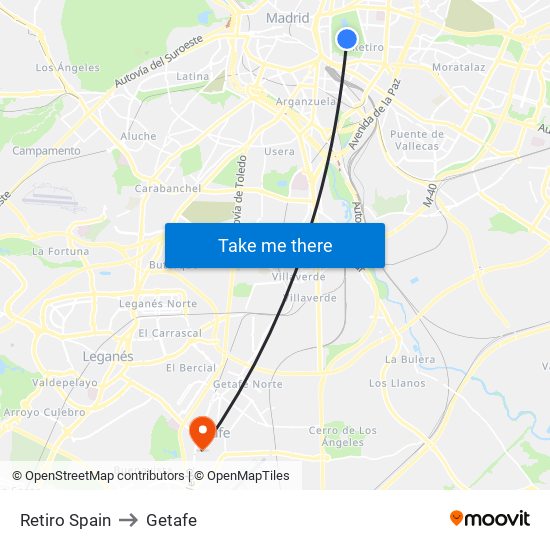 Retiro Spain to Getafe map