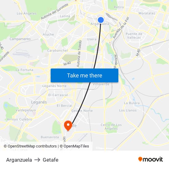 Arganzuela to Getafe map