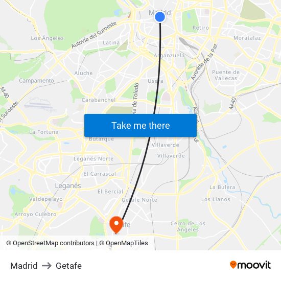 Madrid to Getafe map