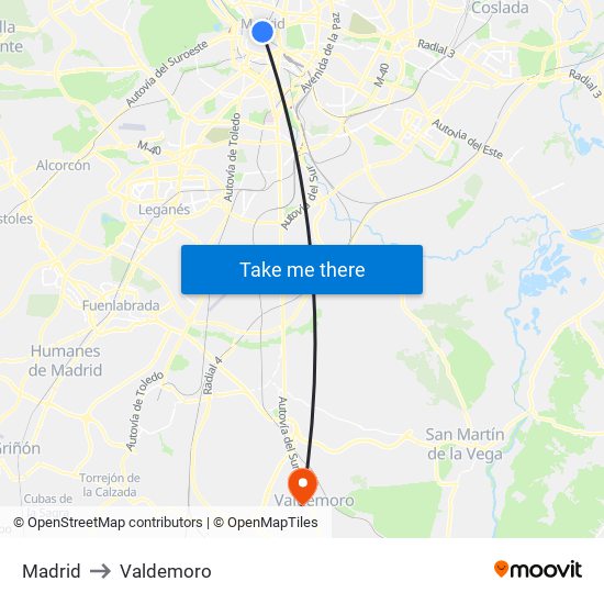 Madrid to Valdemoro map