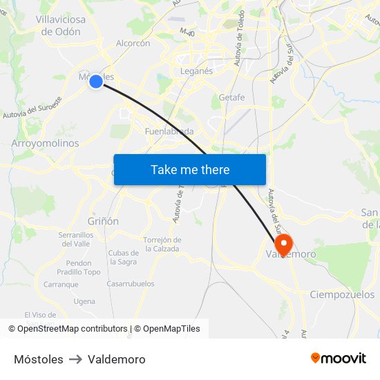 Móstoles to Valdemoro map