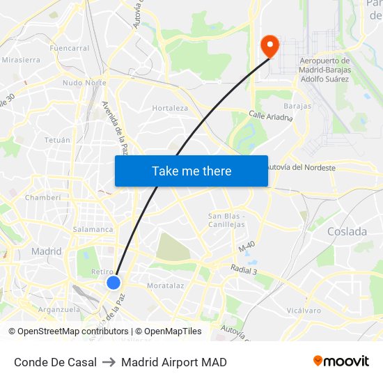 Conde De Casal to Madrid Airport MAD map