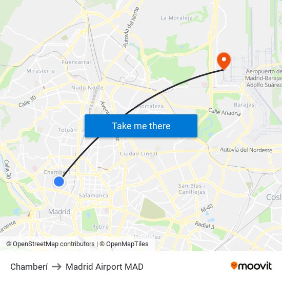 Chamberí to Madrid Airport MAD map