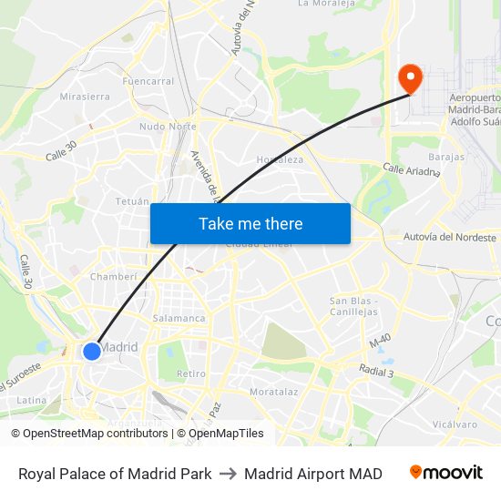 Royal Palace of Madrid Park to Madrid Airport MAD map