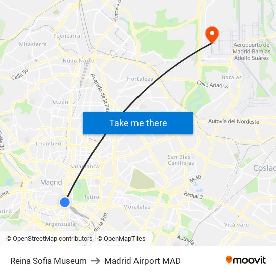 Reina Sofia Museum to Madrid Airport MAD map