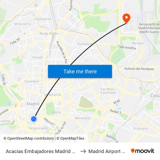 Acacias Embajadores Madrid Metro to Madrid Airport MAD map