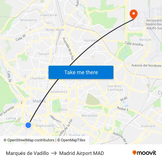 Marqués de Vadillo to Madrid Airport MAD map