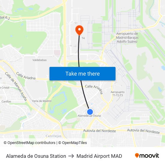 Alameda de Osuna Station to Madrid Airport MAD map