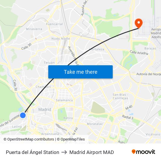 Puerta del Ángel Station to Madrid Airport MAD map
