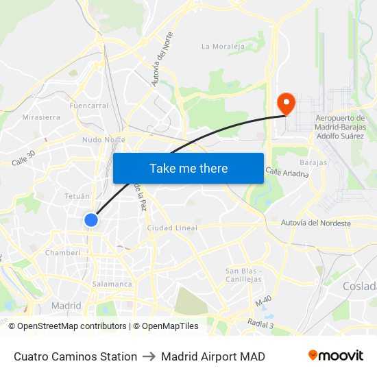Cuatro Caminos Station to Madrid Airport MAD map