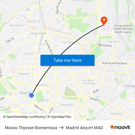 Museo Thyssen Bornemisza to Madrid Airport MAD map