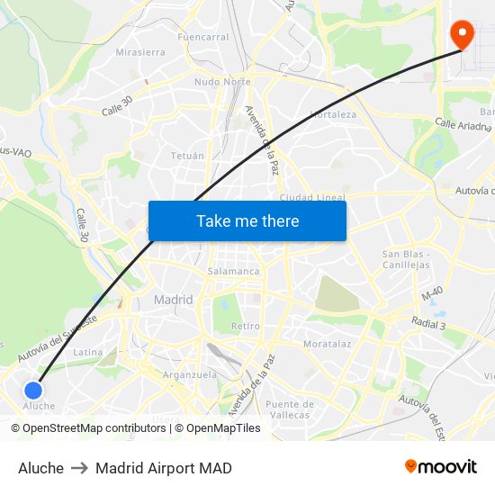 Aluche to Madrid Airport MAD map