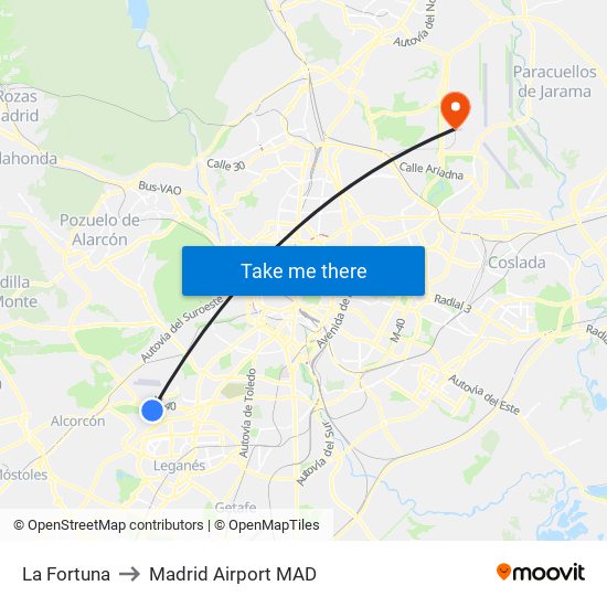 La Fortuna to Madrid Airport MAD map