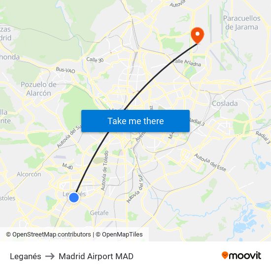 Leganés to Madrid Airport MAD map
