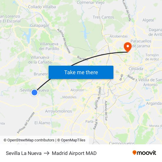 Sevilla La Nueva to Madrid Airport MAD map