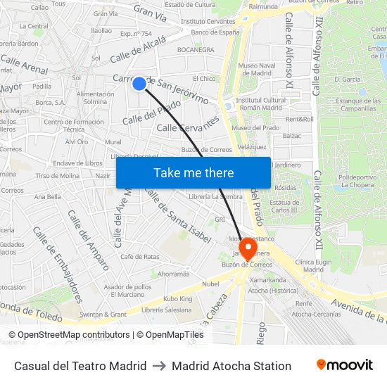 Casual del Teatro Madrid to Madrid Atocha Station map