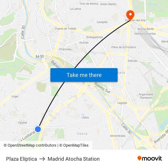 Plaza Elíptica to Madrid Atocha Station map