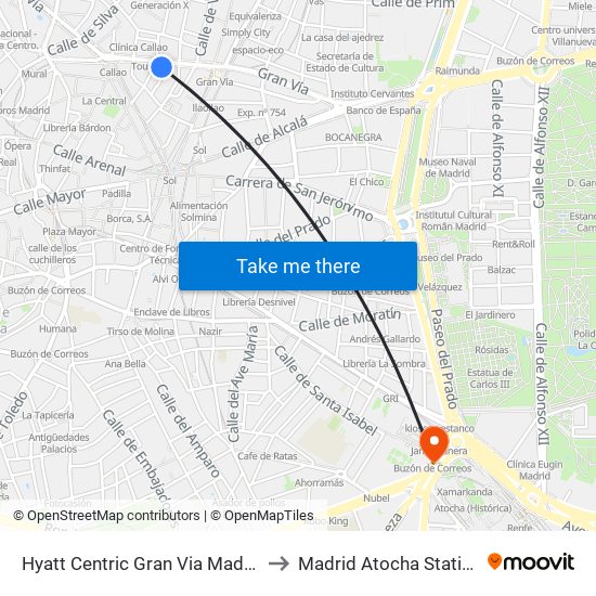 Hyatt Centric Gran Via Madrid to Madrid Atocha Station map