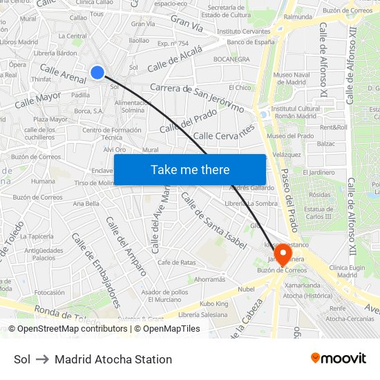 Sol to Madrid Atocha Station map