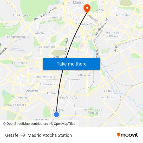 Getafe to Madrid Atocha Station map