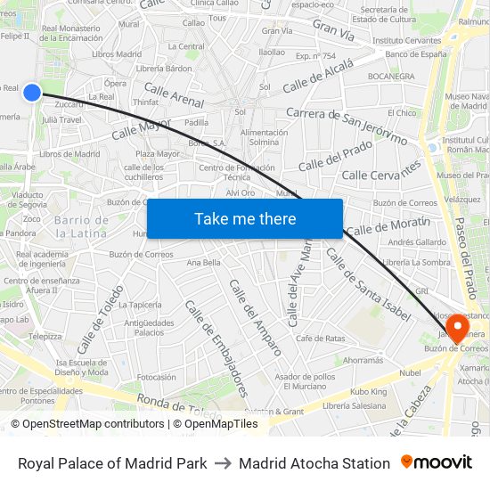 Royal Palace of Madrid Park to Madrid Atocha Station map