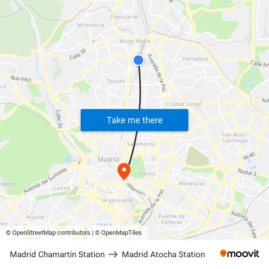 Madrid Chamartín Station to Madrid Atocha Station map