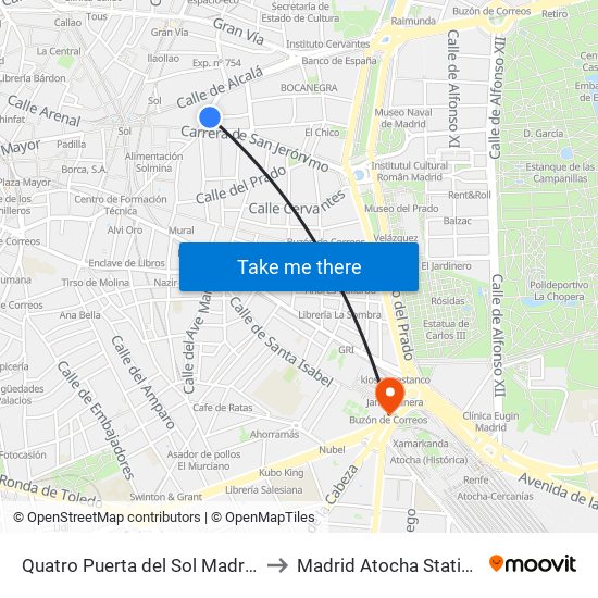 Quatro Puerta del Sol Madrid to Madrid Atocha Station map