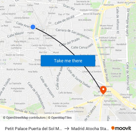 Petit Palace Puerta del Sol Madrid to Madrid Atocha Station map