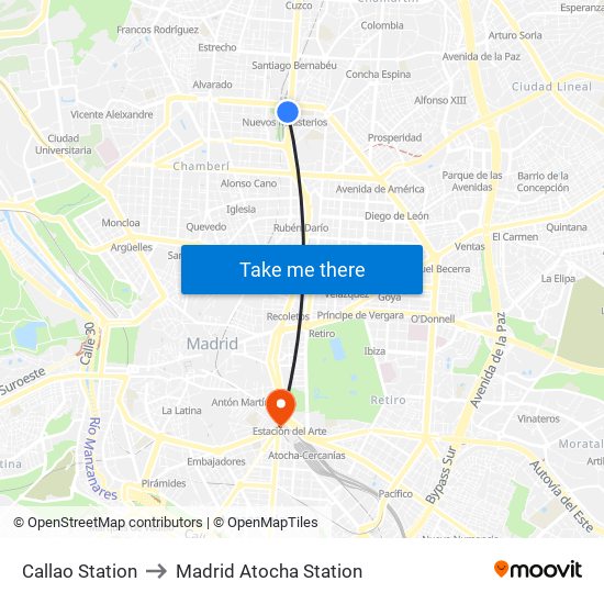 Callao Station to Madrid Atocha Station map